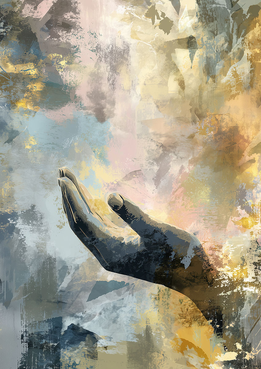 Vibrant abstract artwork featuring a stylized hand against a textured background in soft colours.